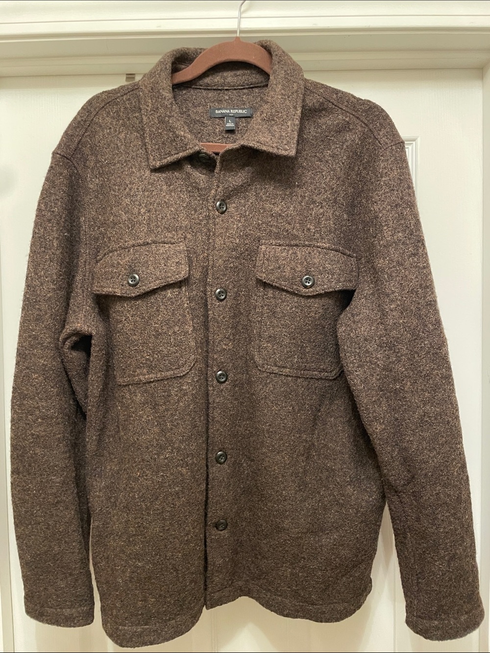 Banana Republic Men's Brown Button-Up Wool boucle Shirt Jacket fall preppy